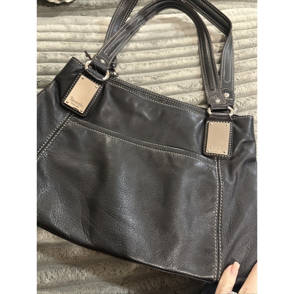 TIGNANELLO Black Genuine Leather Handbag Purse Soft‎  Compartments Double Straps